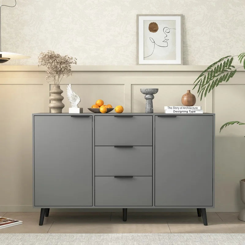 Buffet de 120 cm de couleur grise et naturelle avec 3 tiroirs et 2 portes, assemblage par 2 personnes