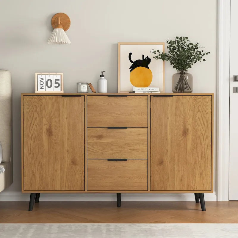 Buffet de 120 cm de couleur grise et naturelle avec 3 tiroirs et 2 portes, assemblage par 2 personnes