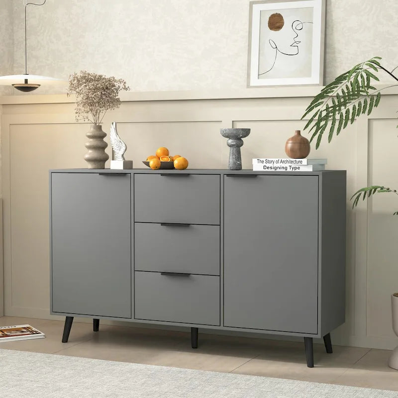 Buffet de 120 cm de couleur grise et naturelle avec 3 tiroirs et 2 portes, assemblage par 2 personnes