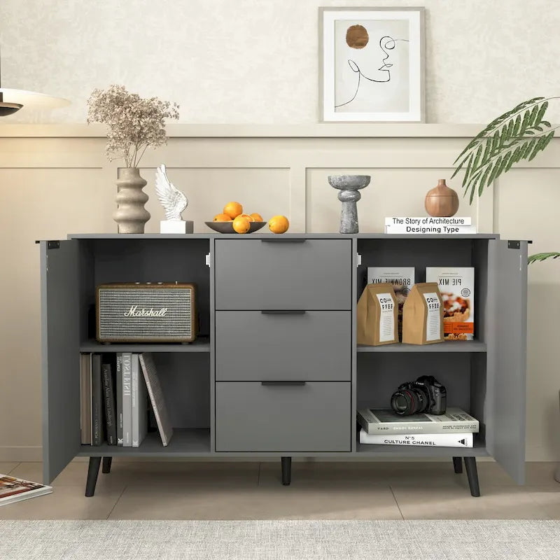 Buffet de 120 cm de couleur grise et naturelle avec 3 tiroirs et 2 portes, assemblage par 2 personnes