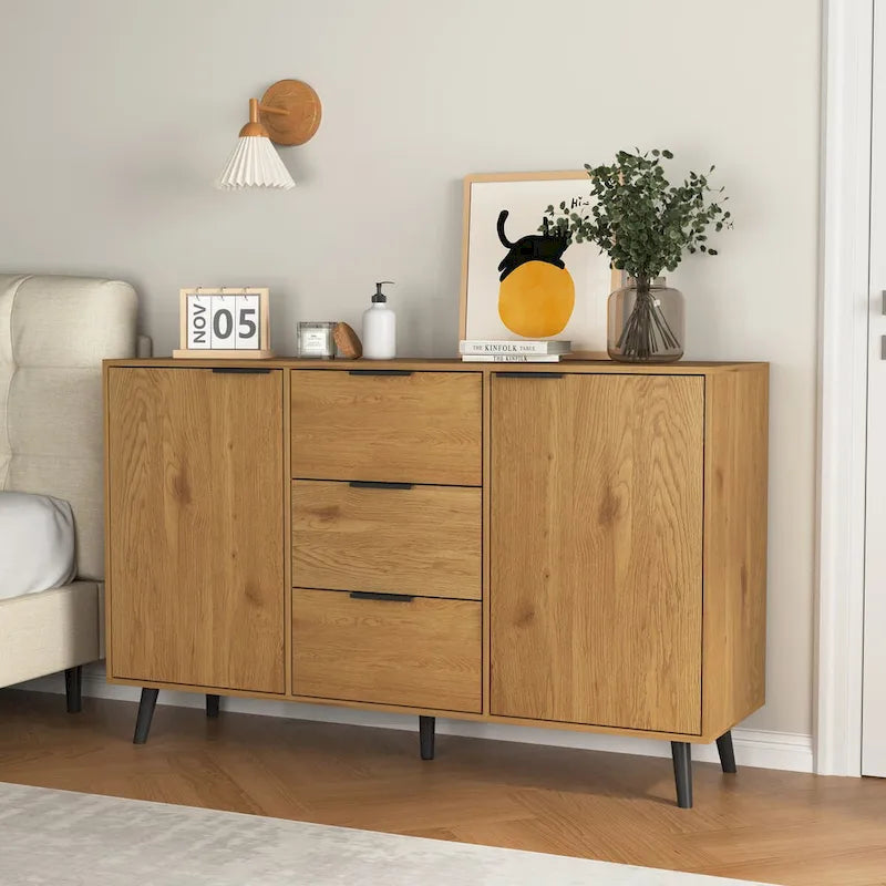 Buffet de 120 cm de couleur grise et naturelle avec 3 tiroirs et 2 portes, assemblage par 2 personnes
