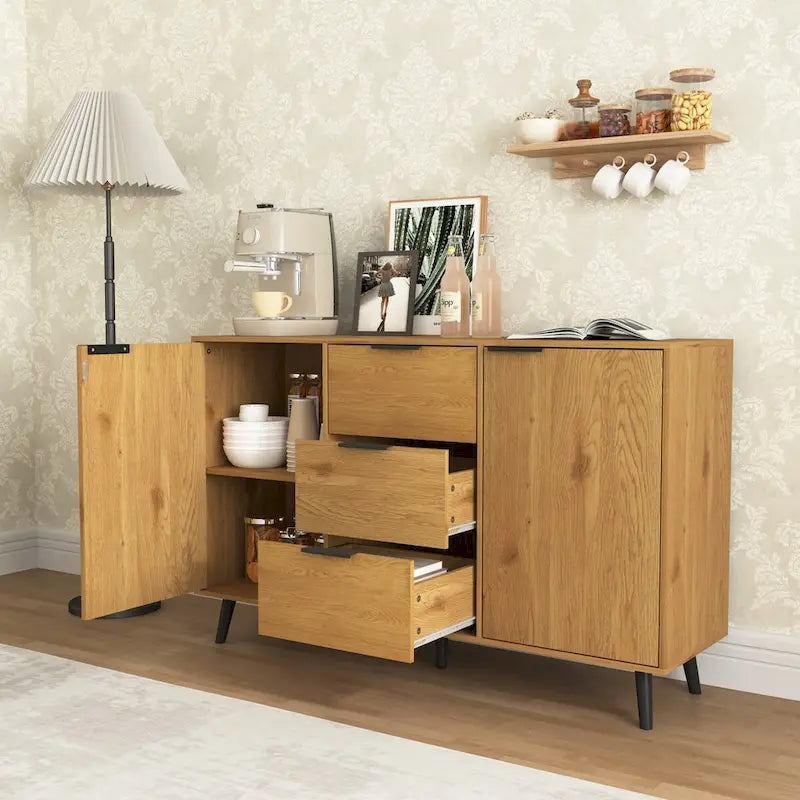 Buffet de 120 cm de couleur grise et naturelle avec 3 tiroirs et 2 portes, assemblage par 2 personnes