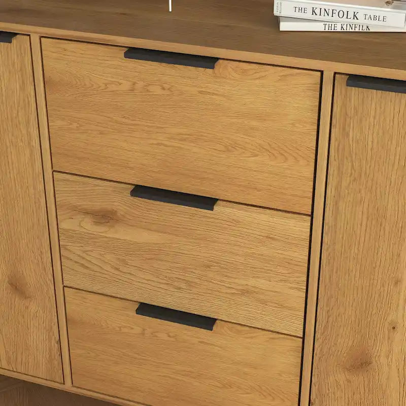 Buffet de 120 cm de couleur grise et naturelle avec 3 tiroirs et 2 portes, assemblage par 2 personnes