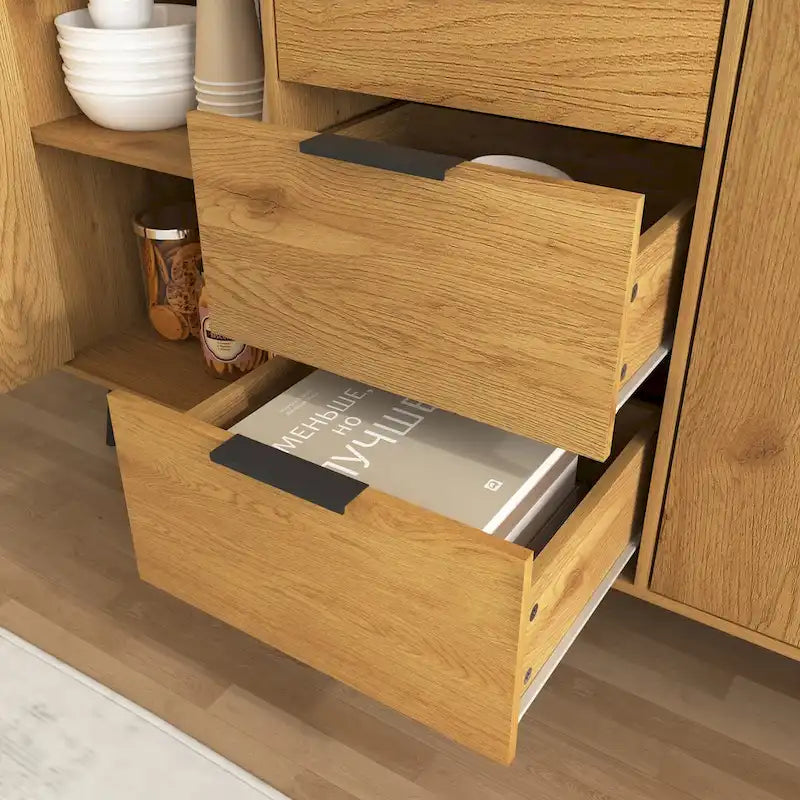 Buffet de 120 cm de couleur grise et naturelle avec 3 tiroirs et 2 portes, assemblage par 2 personnes