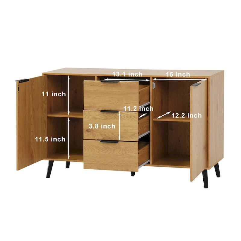Buffet de 120 cm de couleur grise et naturelle avec 3 tiroirs et 2 portes, assemblage par 2 personnes