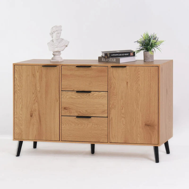 Buffet de 120 cm de couleur grise et naturelle avec 3 tiroirs et 2 portes, assemblage par 2 personnes