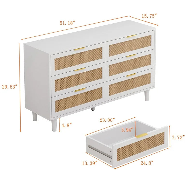 Commode en rotin blanc à 6 tiroirs, rangement de chambre pour 1-2 personnes