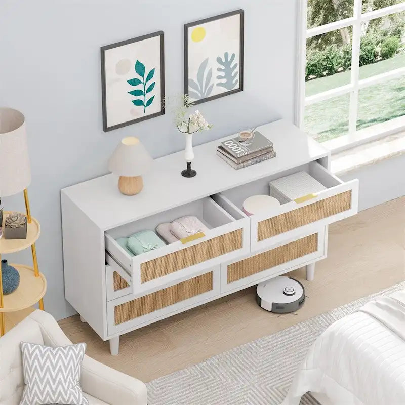 Commode en rotin blanc à 6 tiroirs, rangement de chambre pour 1-2 personnes