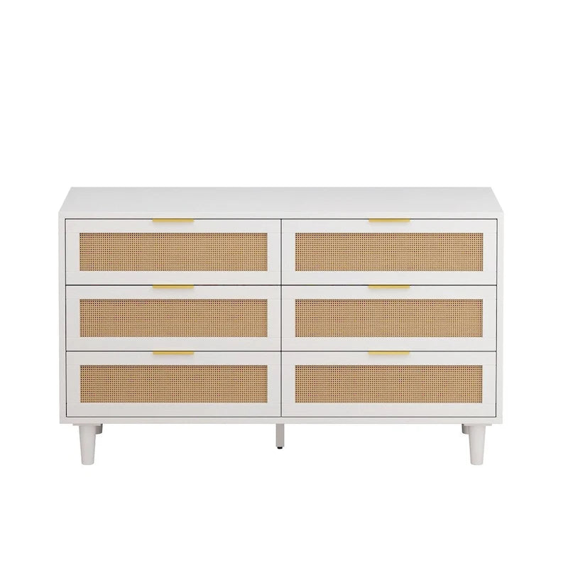 Commode en rotin blanc à 6 tiroirs, rangement de chambre pour 1-2 personnes