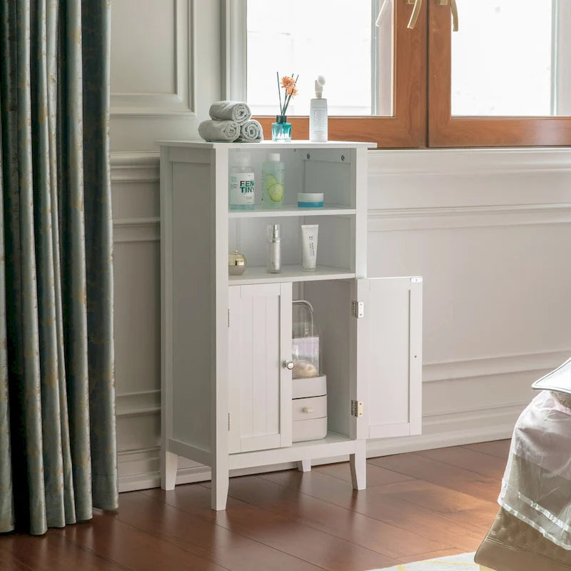 Meuble de rangement simple pour salle de bain, finition bois blanc