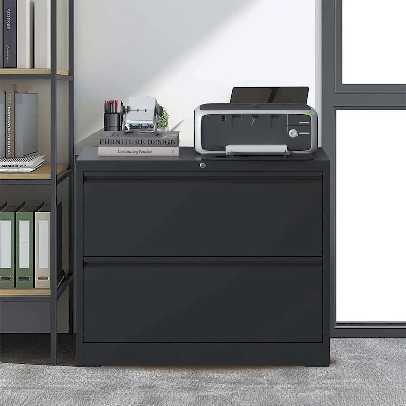 Classeur latéral en acier noir/blanc à 2 tiroirs avec serrure – Moderne, 1 utilisateur