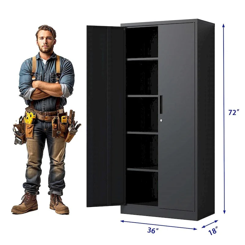 Armoire de rangement en acier noir, 2 portes, 4 étagères réglables