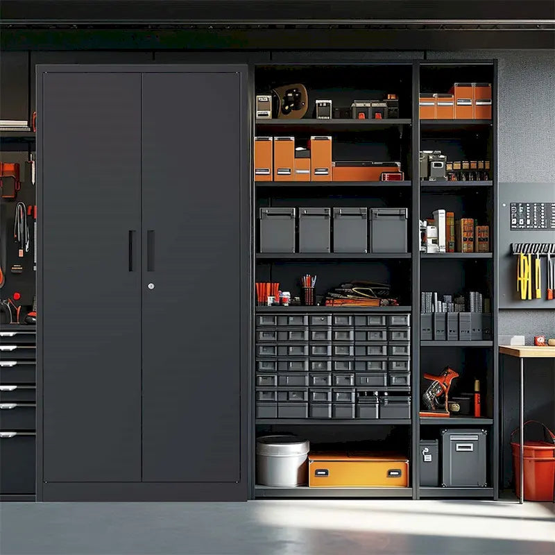 Armoire de rangement en acier noir, 2 portes, 4 étagères réglables