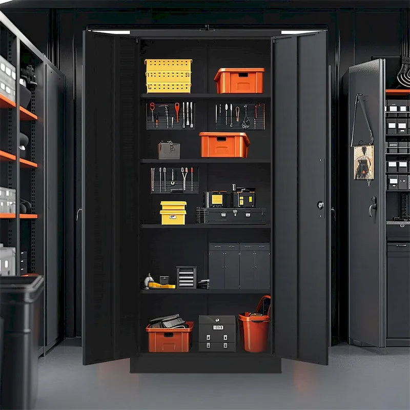 Armoire de rangement en acier noir, 2 portes, 4 étagères réglables