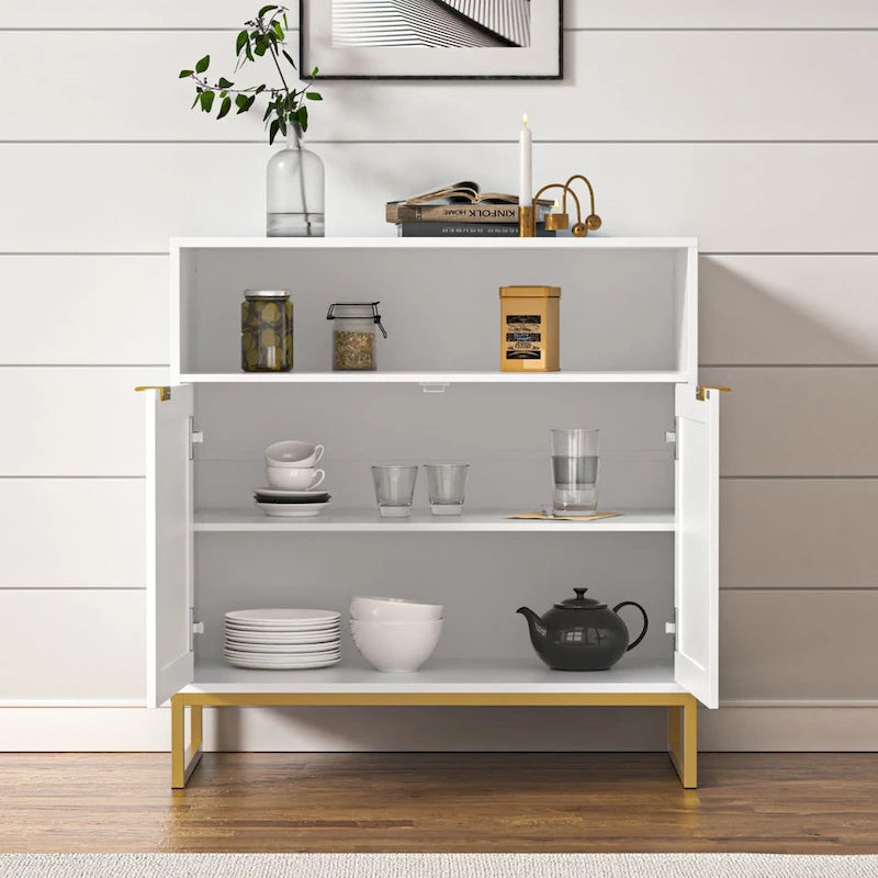 Buffet en rotin 2 portes marron/blanc avec étagère réglable
