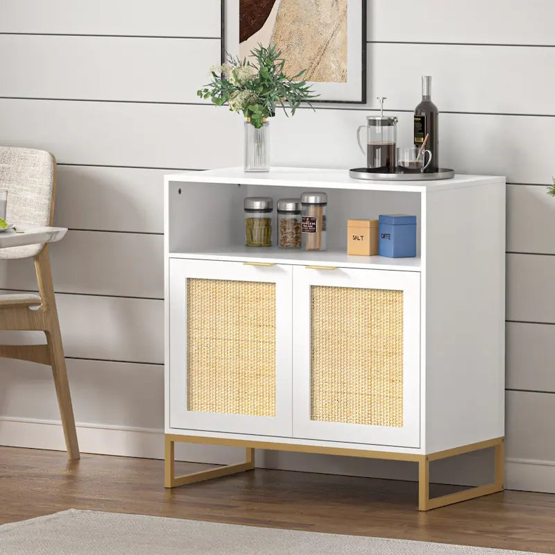 Buffet en rotin 2 portes marron/blanc avec étagère réglable