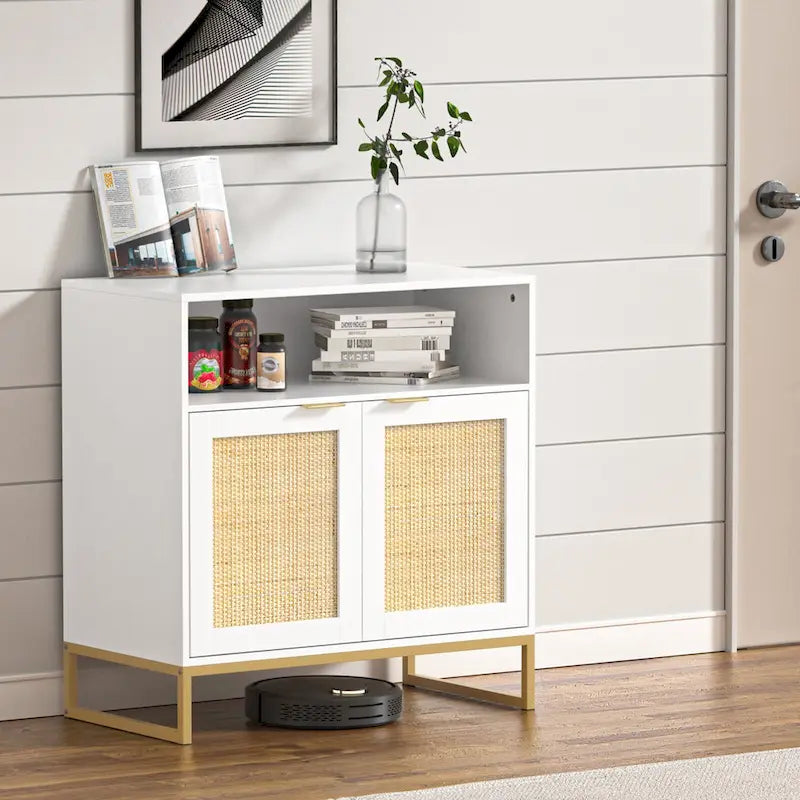 Buffet en rotin 2 portes marron/blanc avec étagère réglable