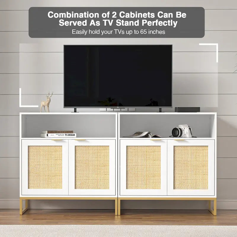 Buffet en rotin 2 portes marron/blanc avec étagère réglable