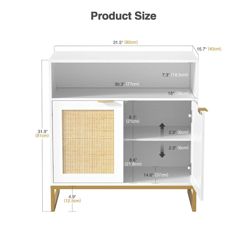 Buffet en rotin 2 portes marron/blanc avec étagère réglable