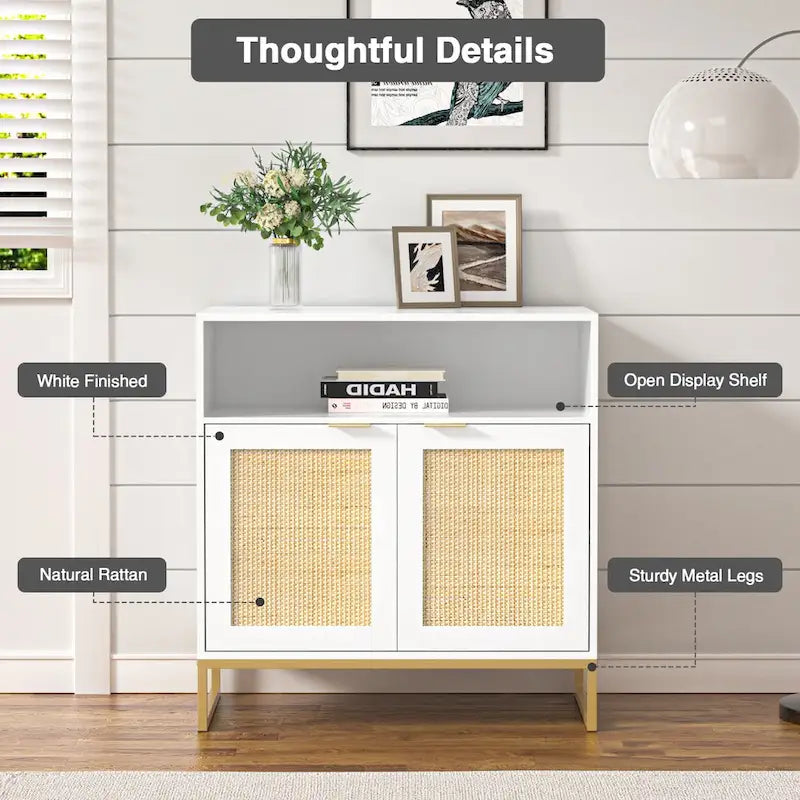 Buffet en rotin 2 portes marron/blanc avec étagère réglable