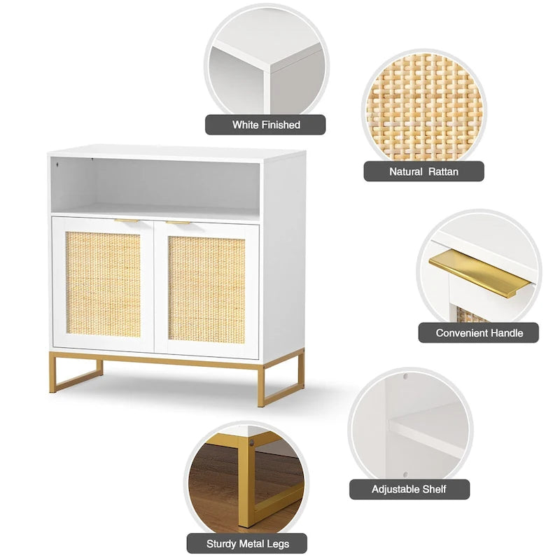 Buffet en rotin 2 portes marron/blanc avec étagère réglable