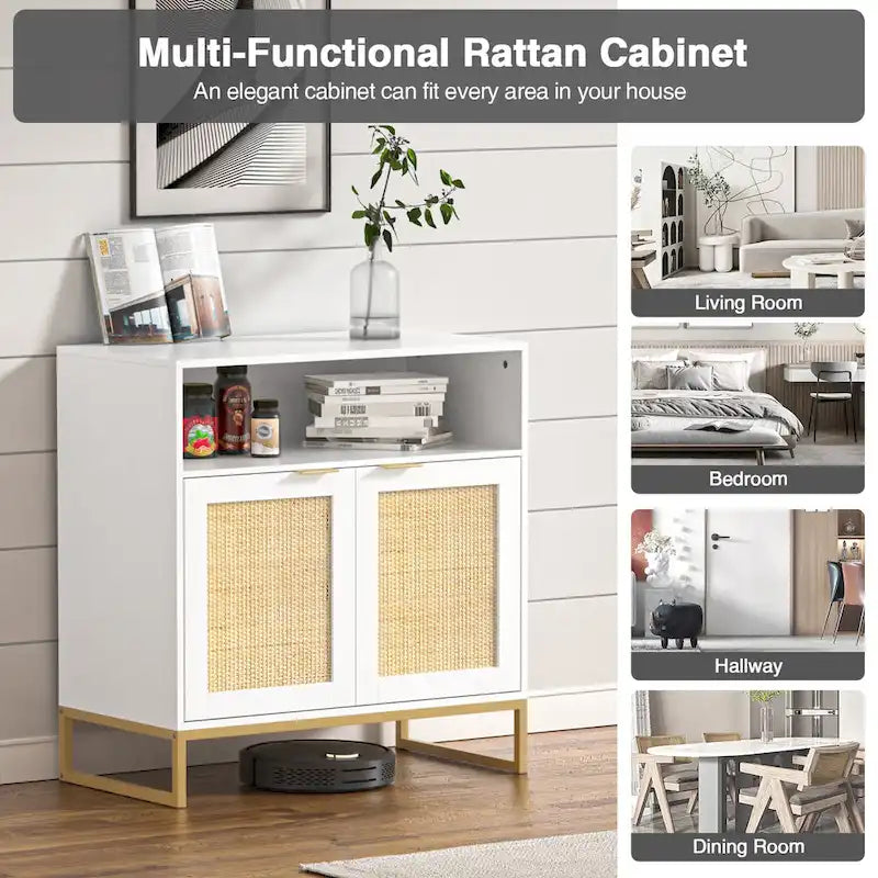 Buffet en rotin 2 portes marron/blanc avec étagère réglable