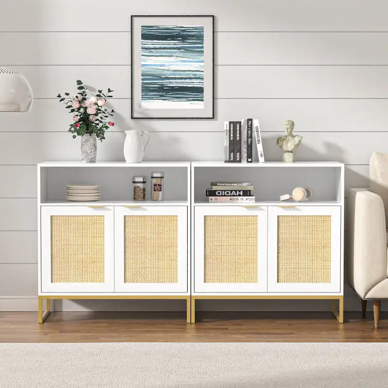 Buffet en rotin 2 portes marron/blanc avec étagère réglable
