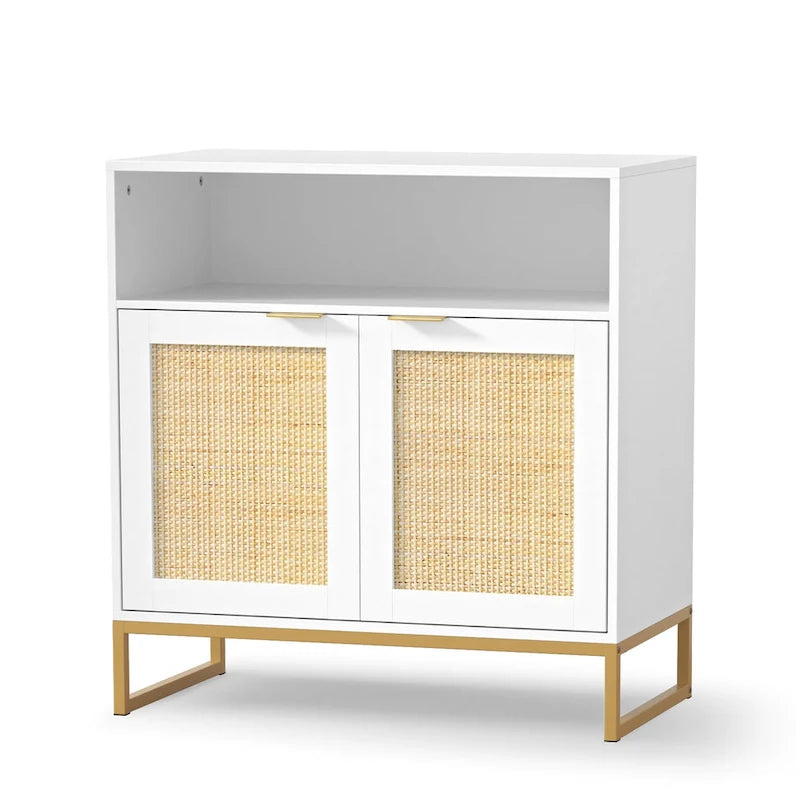 Buffet en rotin 2 portes marron/blanc avec étagère réglable