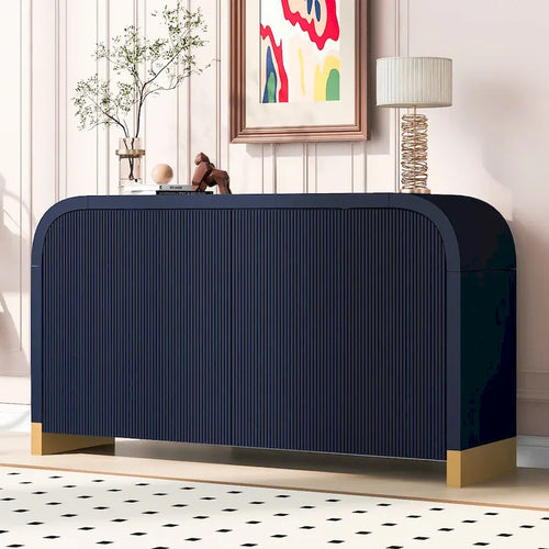 Buffet 4 portes à panneaux ondulés – Bleu marine / Blanc / Noir, Étagères réglables, Assemblage par 1 personne