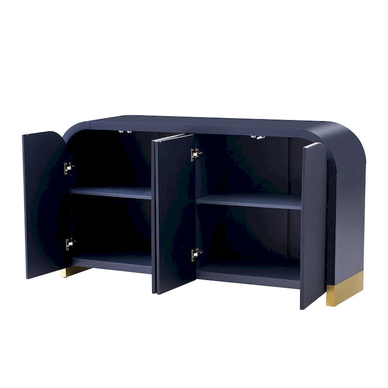 Buffet 4 portes à panneaux ondulés – Bleu marine / Blanc / Noir, Étagères réglables, Assemblage par 1 personne