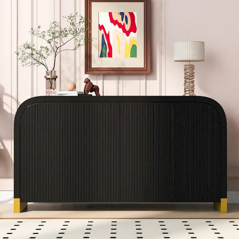 Buffet 4 portes à panneaux ondulés – Bleu marine / Blanc / Noir, Étagères réglables, Assemblage par 1 personne