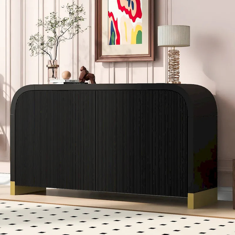 Buffet 4 portes à panneaux ondulés – Bleu marine / Blanc / Noir, Étagères réglables, Assemblage par 1 personne