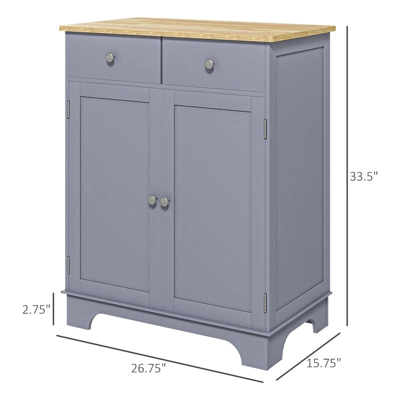 Armoire de rangement grise à double porte avec 2 tiroirs, étagère réglable