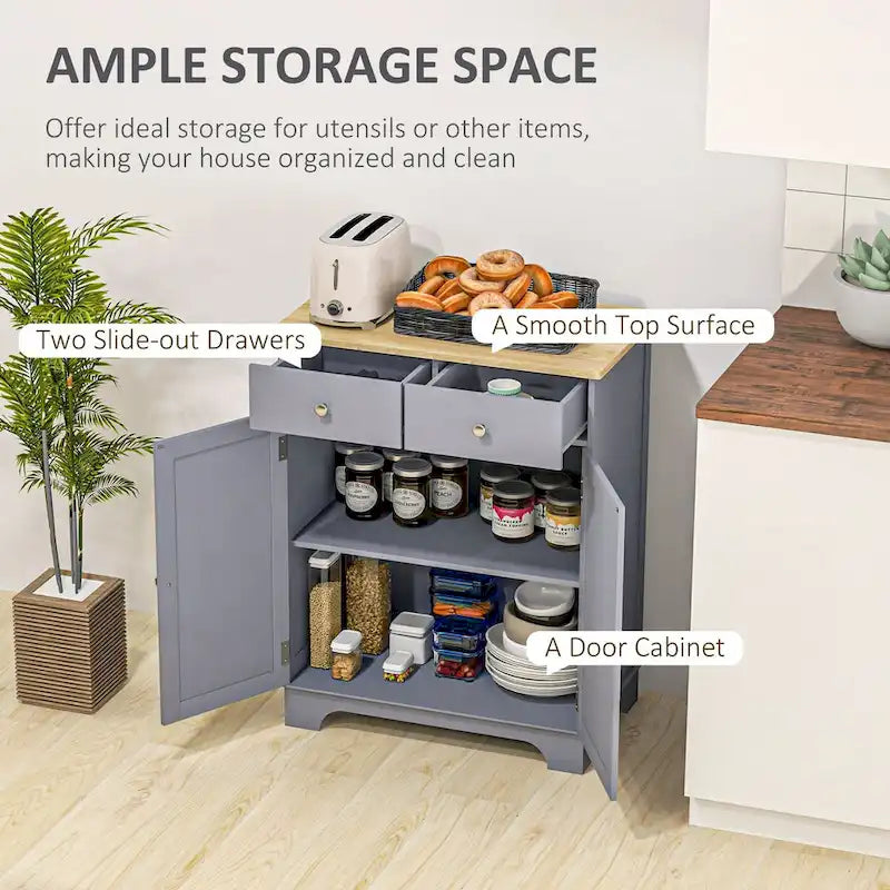 Armoire de rangement grise à double porte avec 2 tiroirs, étagère réglable
