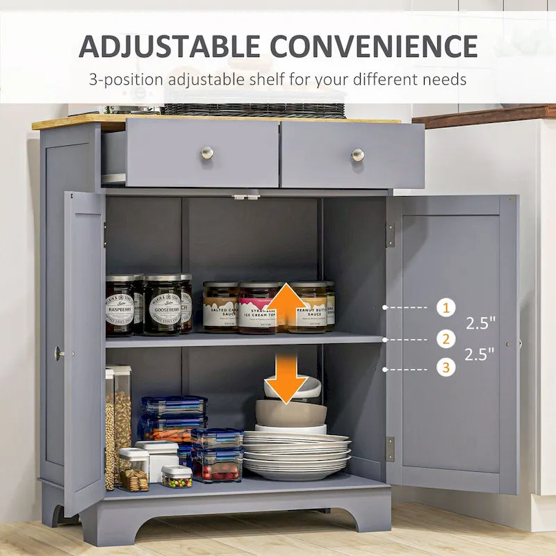 Armoire de rangement grise à double porte avec 2 tiroirs, étagère réglable