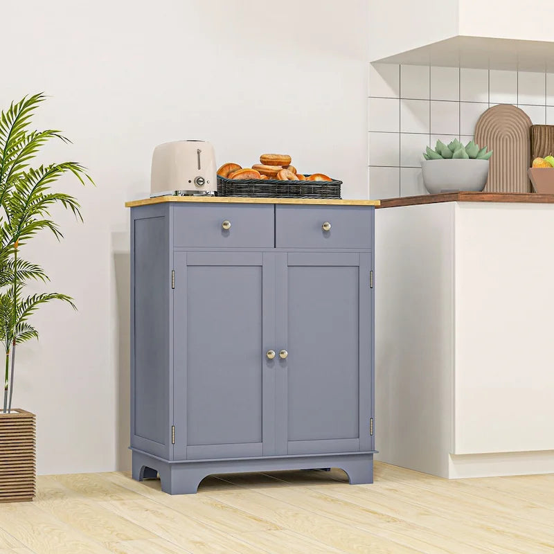 Armoire de rangement grise à double porte avec 2 tiroirs, étagère réglable