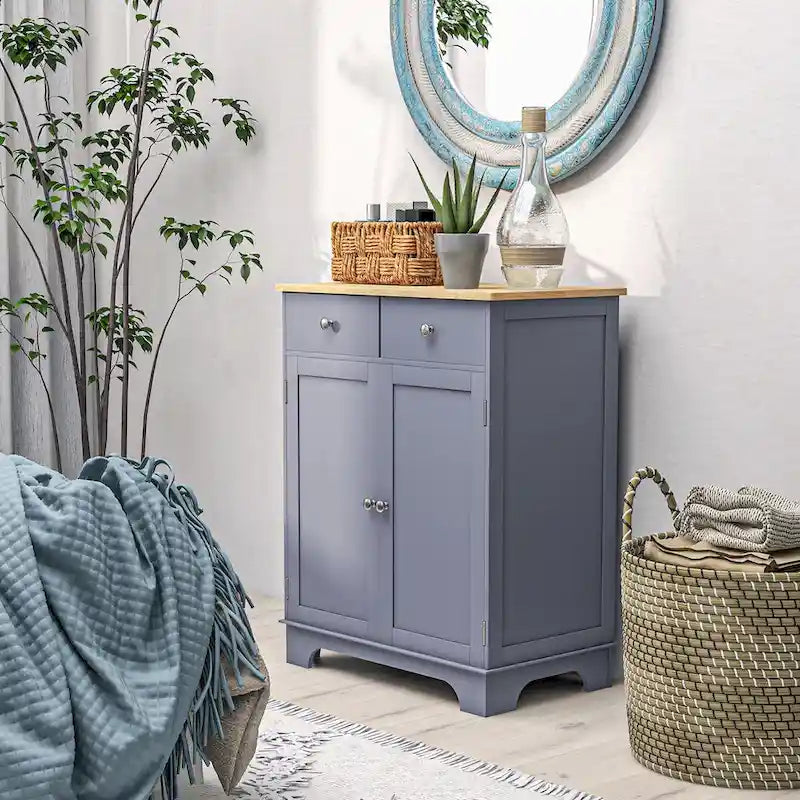 Armoire de rangement grise à double porte avec 2 tiroirs, étagère réglable