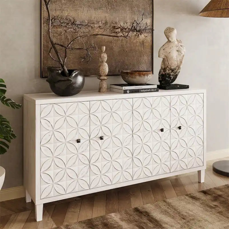 Buffet vaisselier blanc délavé à 4 portes – Assemblage par 1 personne