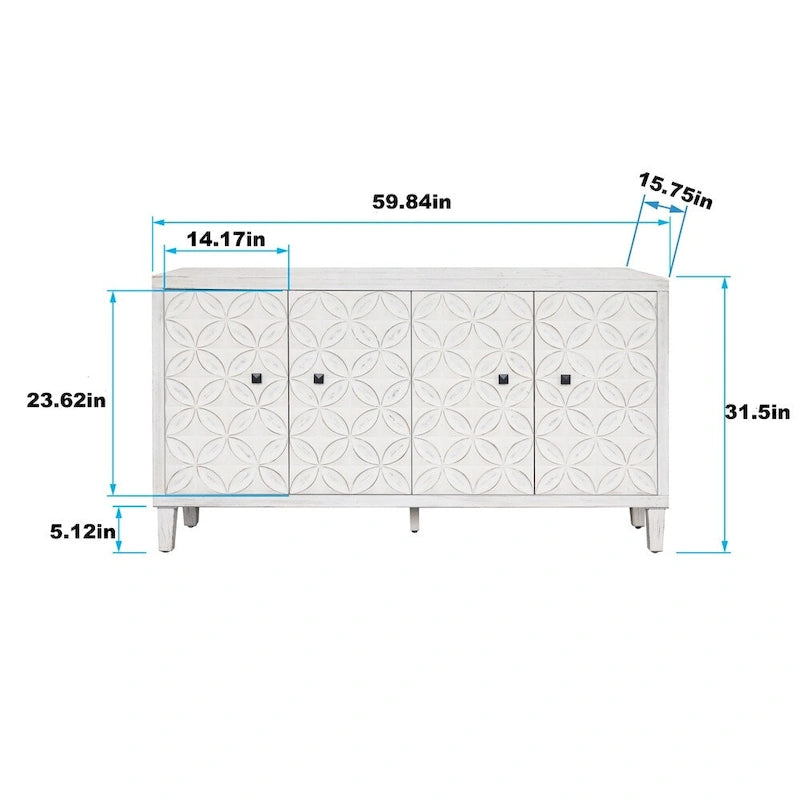 Buffet vaisselier blanc délavé à 4 portes – Assemblage par 1 personne