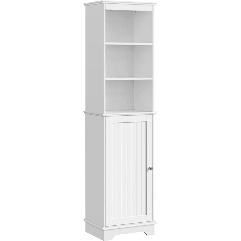 Meuble de rangement de salle de bain sur pied, blanc, haut et étroit, à porte unique, pour 1 personne