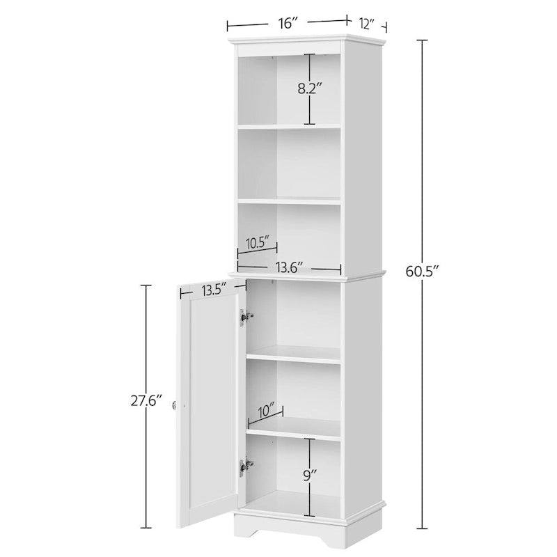 Meuble de rangement de salle de bain sur pied, blanc, haut et étroit, à porte unique, pour 1 personne