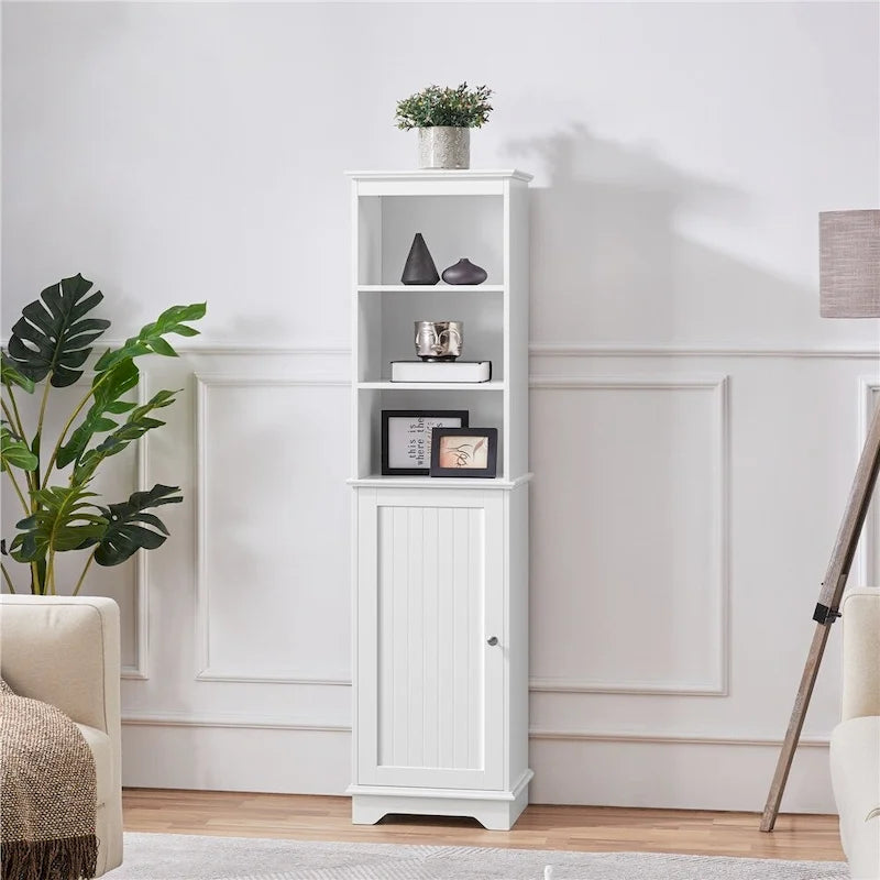 Meuble de rangement de salle de bain sur pied, blanc, haut et étroit, à porte unique, pour 1 personne