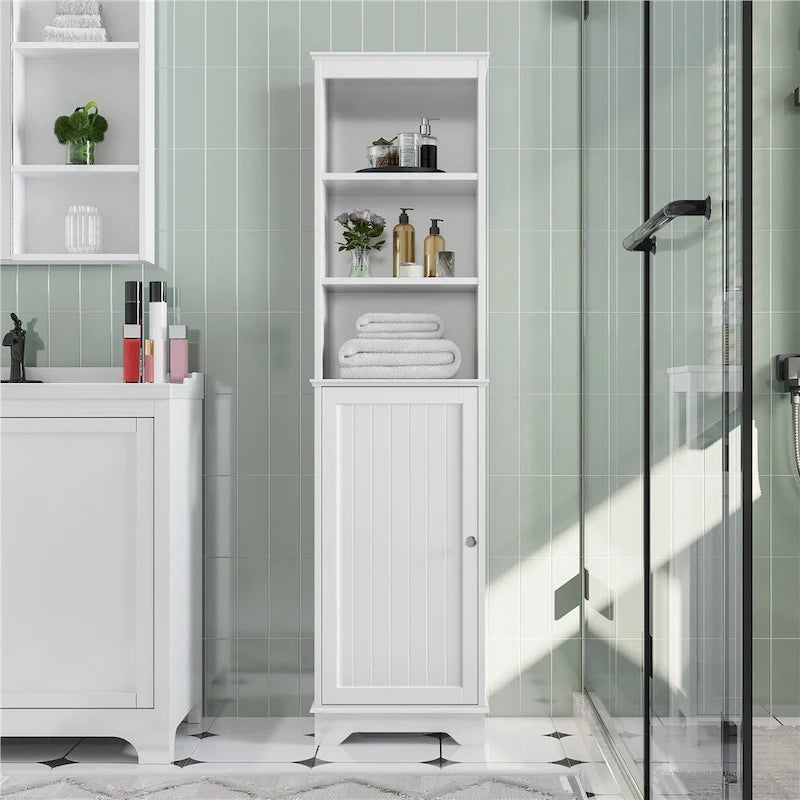 Meuble de rangement de salle de bain sur pied, blanc, haut et étroit, à porte unique, pour 1 personne