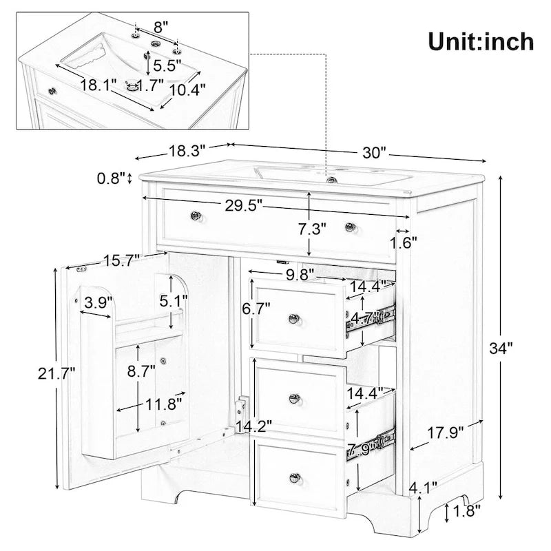 Meuble-lavabo blanc avec vasque en céramique, 1 porte et 2 tiroirs