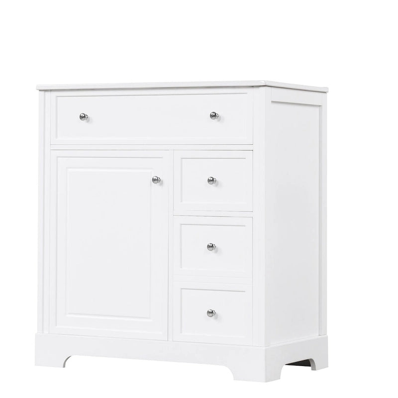 Meuble-lavabo blanc avec vasque en céramique, 1 porte et 2 tiroirs