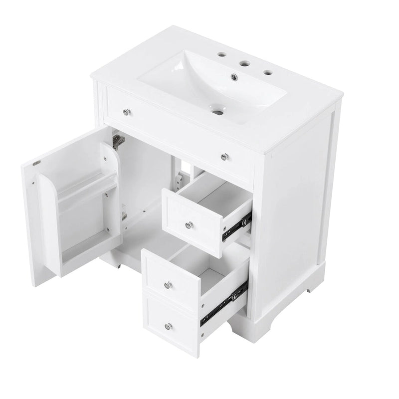 Meuble-lavabo blanc avec vasque en céramique, 1 porte et 2 tiroirs
