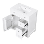 Meuble-lavabo blanc avec vasque en céramique, 1 porte et 2 tiroirs