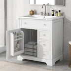 Meuble-lavabo blanc avec vasque en céramique, 1 porte et 2 tiroirs