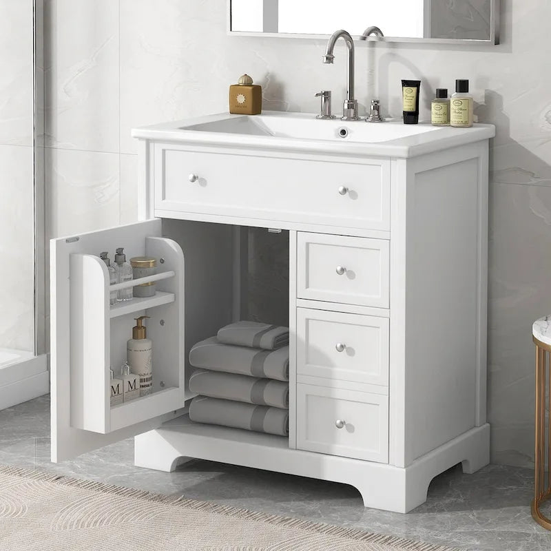 Meuble-lavabo blanc avec vasque en céramique, 1 porte et 2 tiroirs
