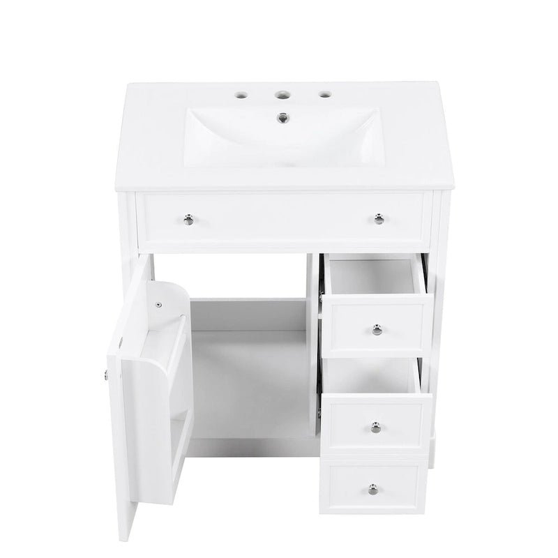 Meuble-lavabo blanc avec vasque en céramique, 1 porte et 2 tiroirs